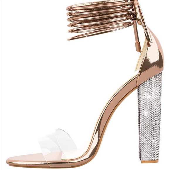 ✨ Rose Gold Rhinestone Lace up Strap Block Heel - Picture 4 of 7